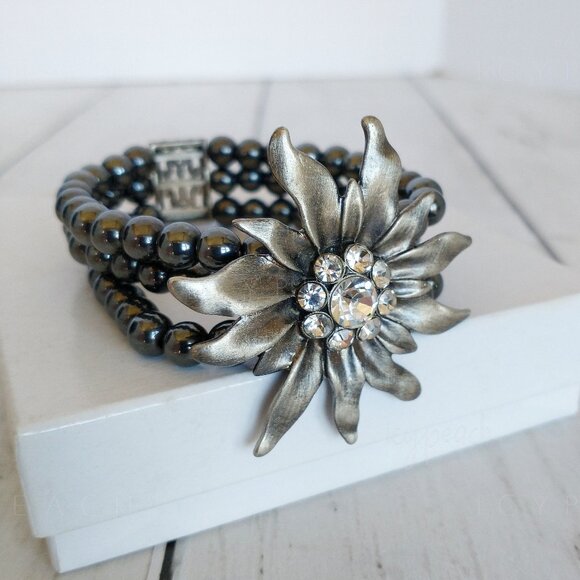 Handmade Floral Beaded Necklace Hematite Triple Layer Corsage Jewelry Whimsigoth - Picture 3 of 11